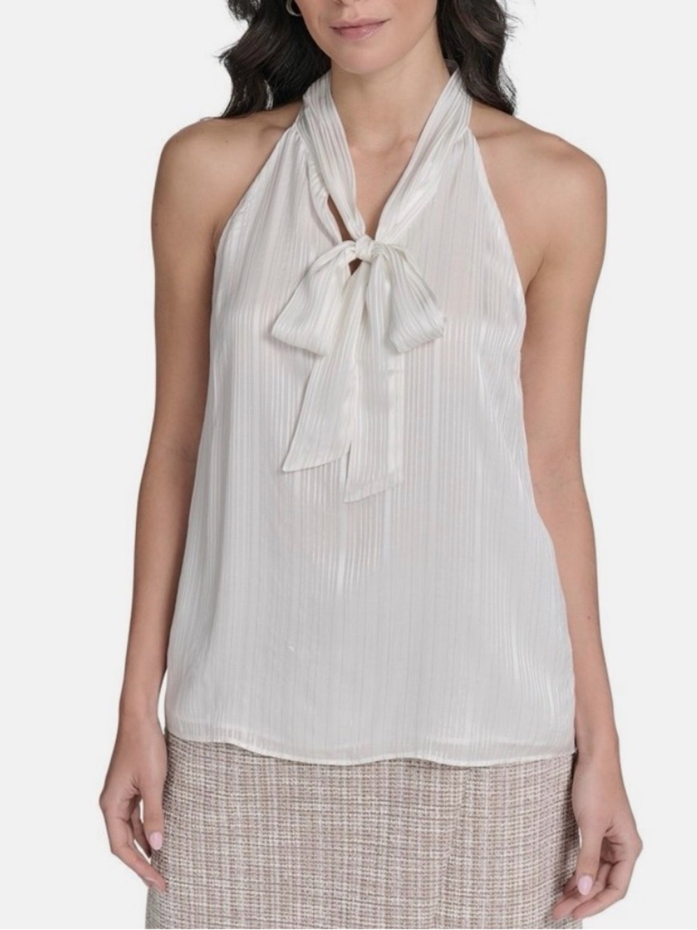 Calvin Klein Metallic Stripe Tie Neck Halter Blouse Sleeveless White XL NEW